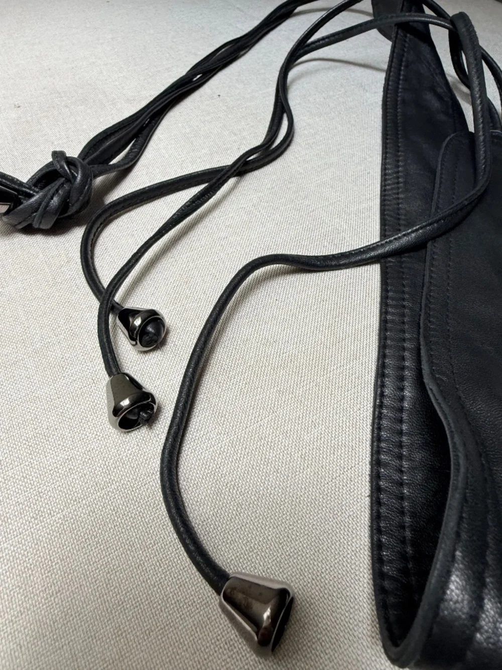 Black Faux Leather Obi Belt With Silver Beads